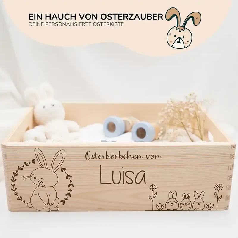 Osterkiste Holz personalisiert - Blumenkranz & Hasenbande
