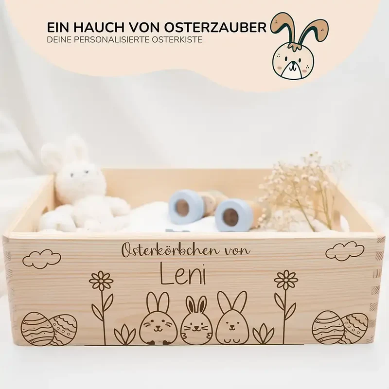 Osterkiste Holz personalisiert - Hasenwiese