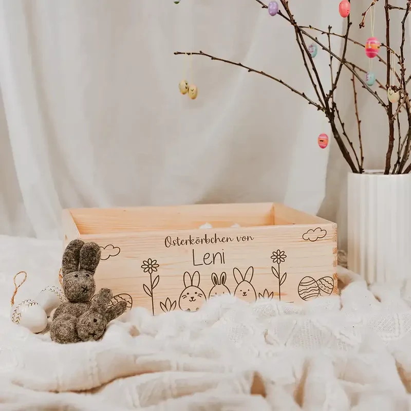 Osterkiste Holz personalisiert - Hasenwiese