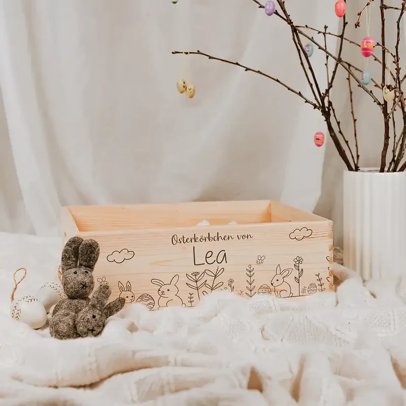 Osterkiste Holz personalisiert - Hasengarten