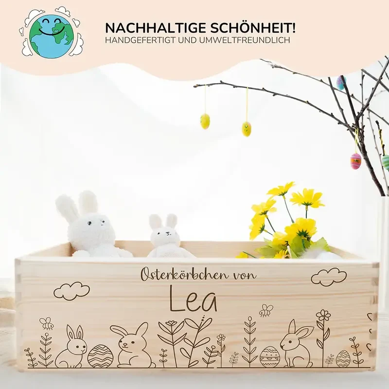 Osterkiste Holz personalisiert - Hasengarten