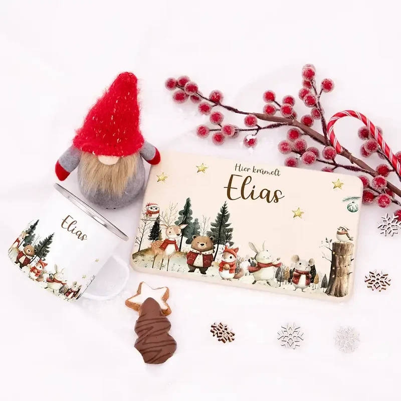 Weihnachts-Set Frühstücksbrettchen + Emaille Tasse - Waldtiere im Wintertraum