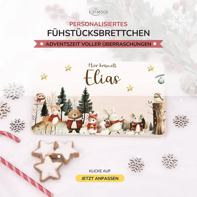 Weihnachts-Set Frühstücksbrettchen + Emaille Tasse - Waldtiere im Wintertraum