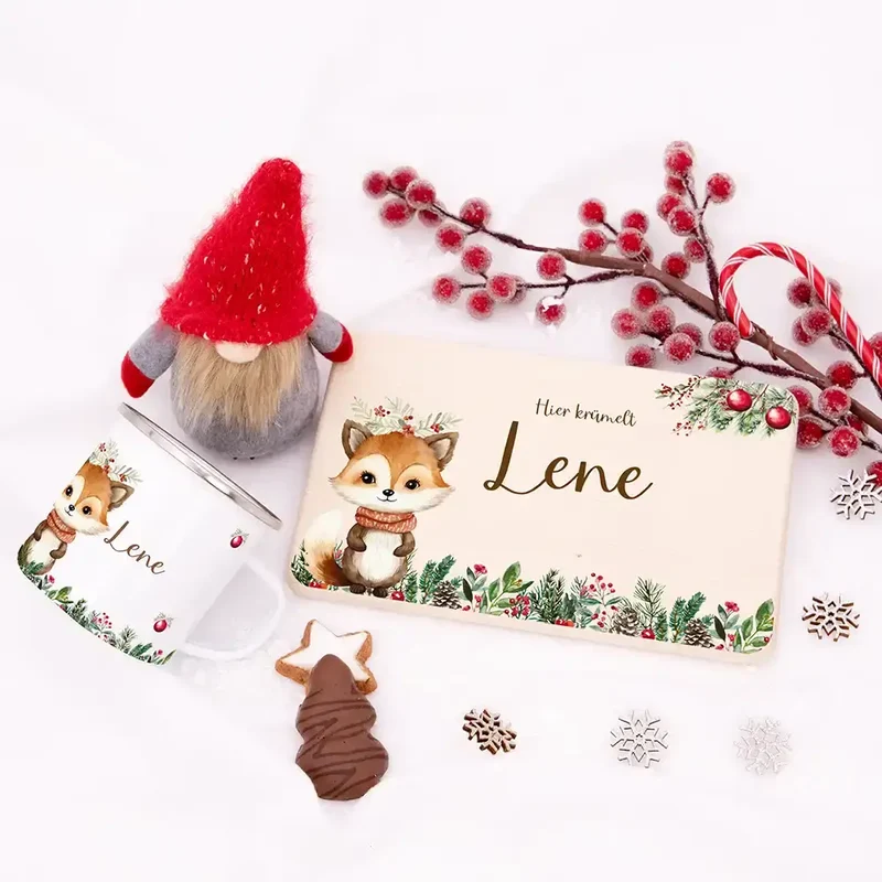 Weihnachts-Set Frühstücksbrettchen + Emaille Tasse - Baby Fuchs