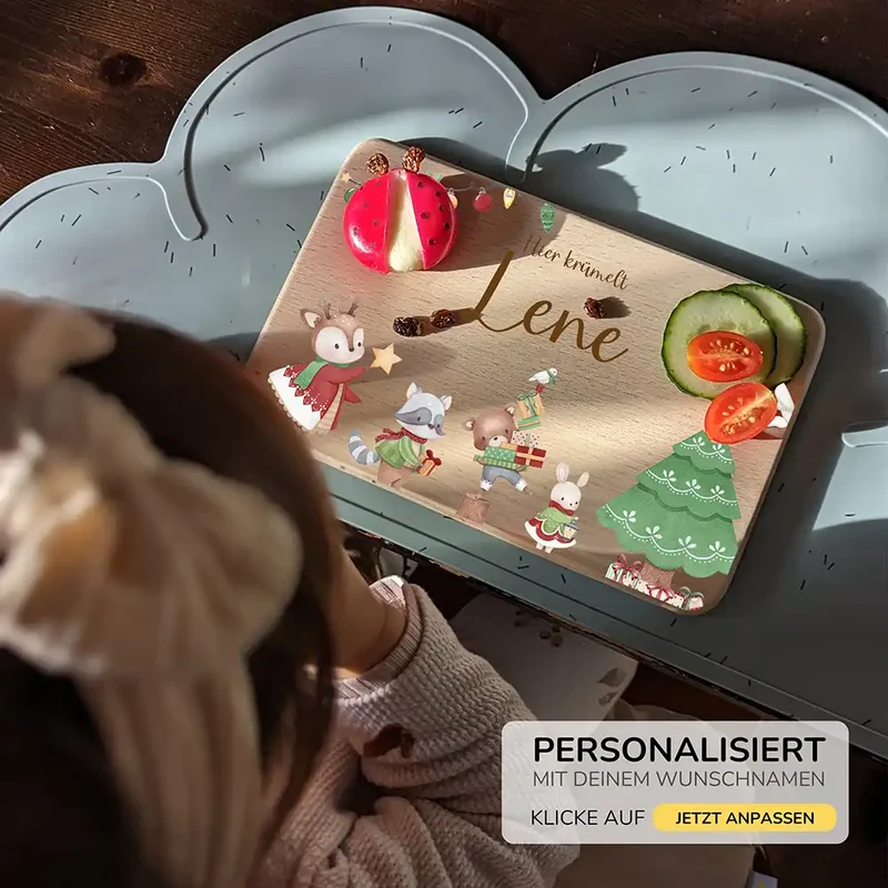 Weihnachts-Set Frühstücksbrettchen + Emaille Tasse - Tanzende Tiere