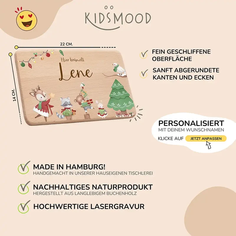 Weihnachts-Set Frühstücksbrettchen + Emaille Tasse - Tanzende Tiere