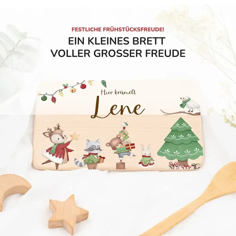 Weihnachts-Set Frühstücksbrettchen + Emaille Tasse - Tanzende Tiere