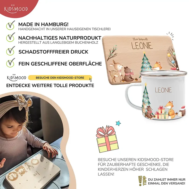 Weihnachts-Set Frühstücksbrettchen + Emaille Tasse - Fuchs am Weihnachtsbaum