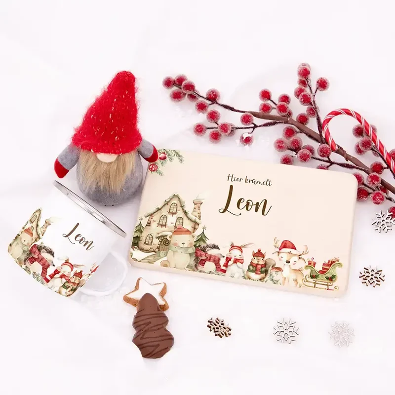 Weihnachts-Set Frühstücksbrettchen + Emaille Tasse - Weihnachtsglück