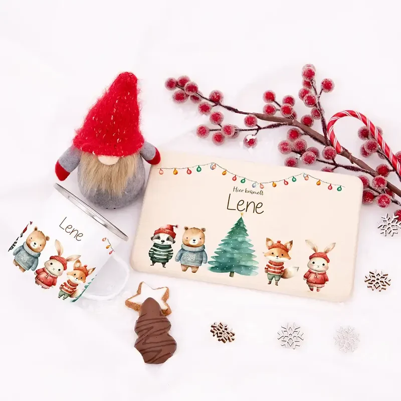 Weihnachts-Set Frühstücksbrettchen + Emaille Tasse - Winterfamilie