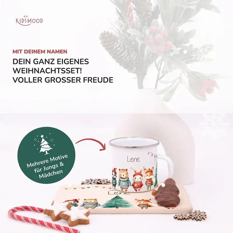 Weihnachts-Set Frühstücksbrettchen + Emaille Tasse - Winterfamilie