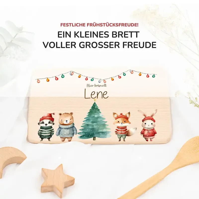 Weihnachts-Set Frühstücksbrettchen + Emaille Tasse - Winterfamilie