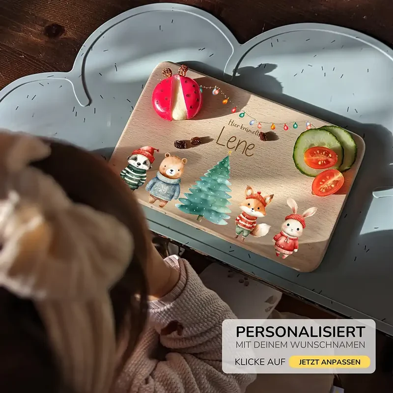 Weihnachts-Set Frühstücksbrettchen + Emaille Tasse - Winterfamilie