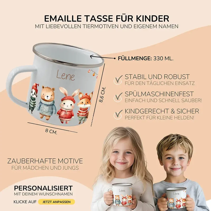 Weihnachts-Set Frühstücksbrettchen + Emaille Tasse - Winterfamilie