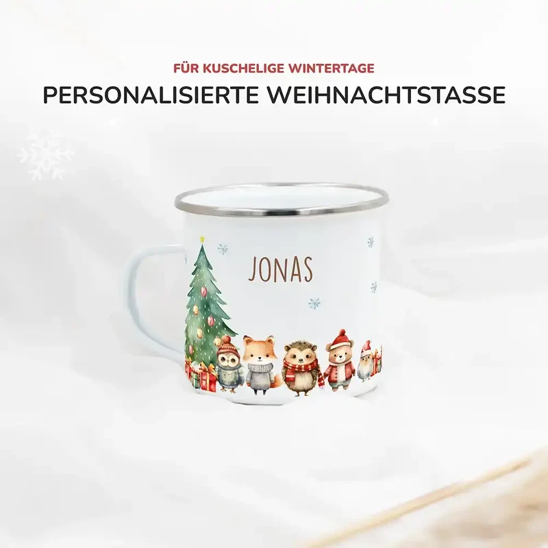 Emaille Tasse personalisiert Weihnachten - Wintertiere