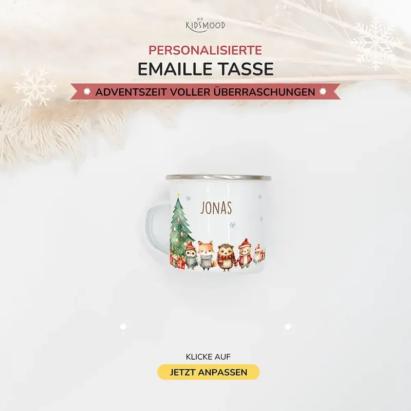 Emaille Tasse personalisiert Weihnachten - Wintertiere