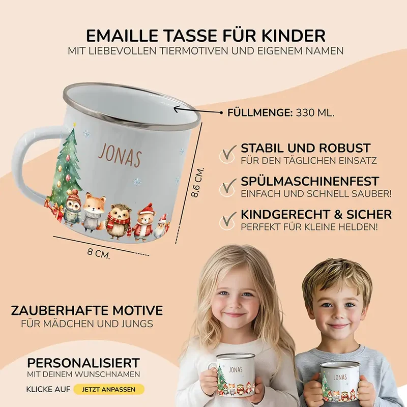 Emaille Tasse personalisiert Weihnachten - Wintertiere