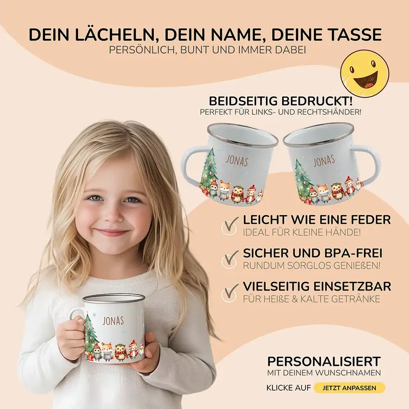 Emaille Tasse personalisiert Weihnachten - Wintertiere