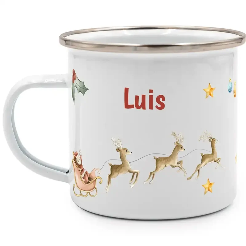 Emaille Tasse personalisiert Weihnachten - Rentier Schlitten