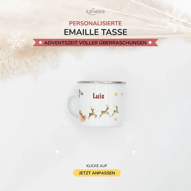 Emaille Tasse personalisiert Weihnachten - Rentier Schlitten