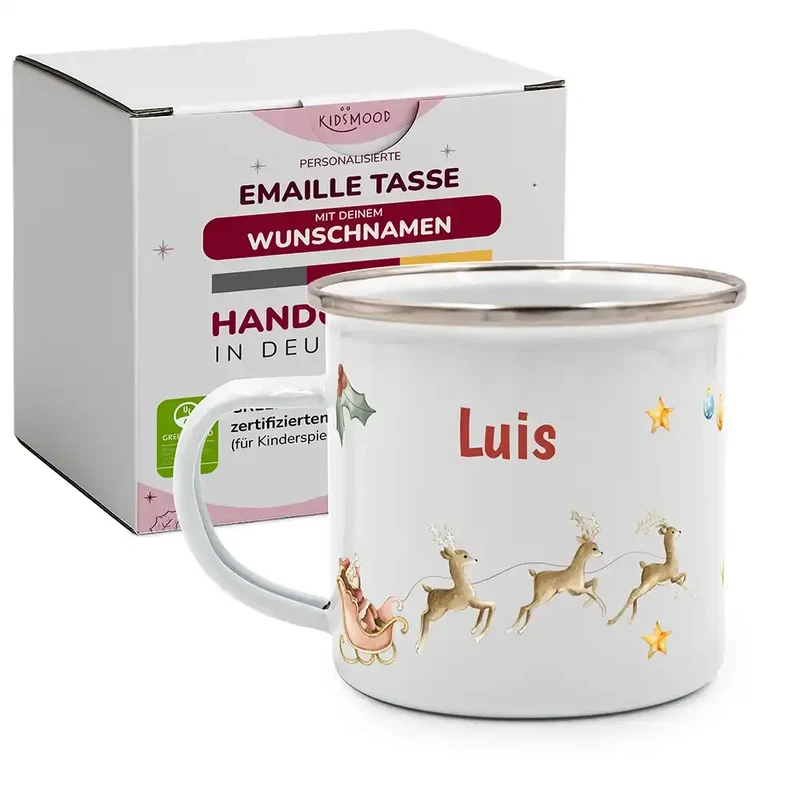 Emaille Tasse personalisiert Weihnachten - Rentier Schlitten
