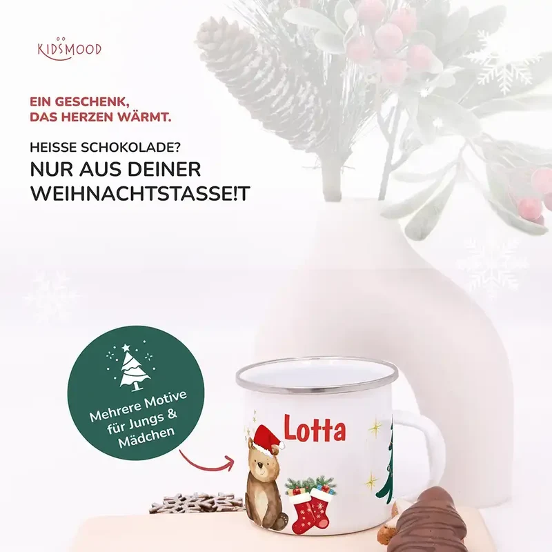 Emaille Tasse personalisiert Weihnachten - Weihnachtsbär