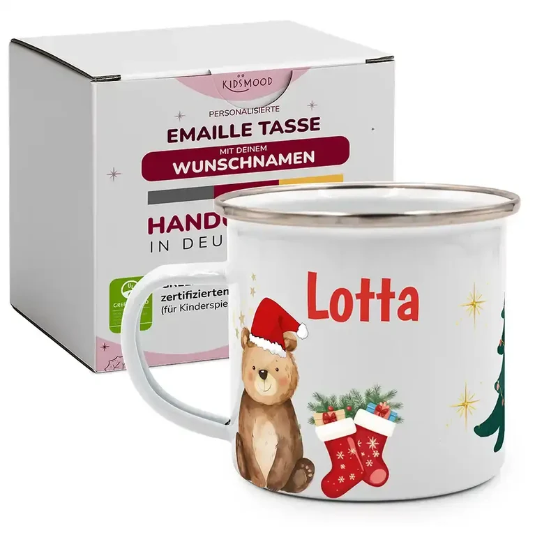 Emaille Tasse personalisiert Weihnachten - Weihnachtsbär