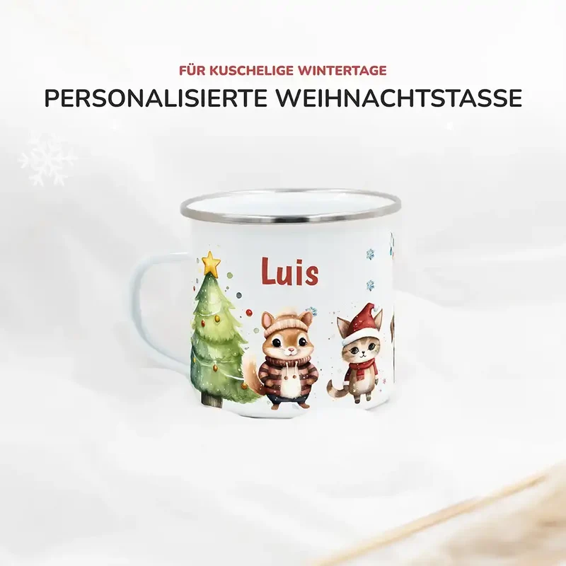 Emaille Tasse personalisiert Weihnachten - Süße Eichhörnchen