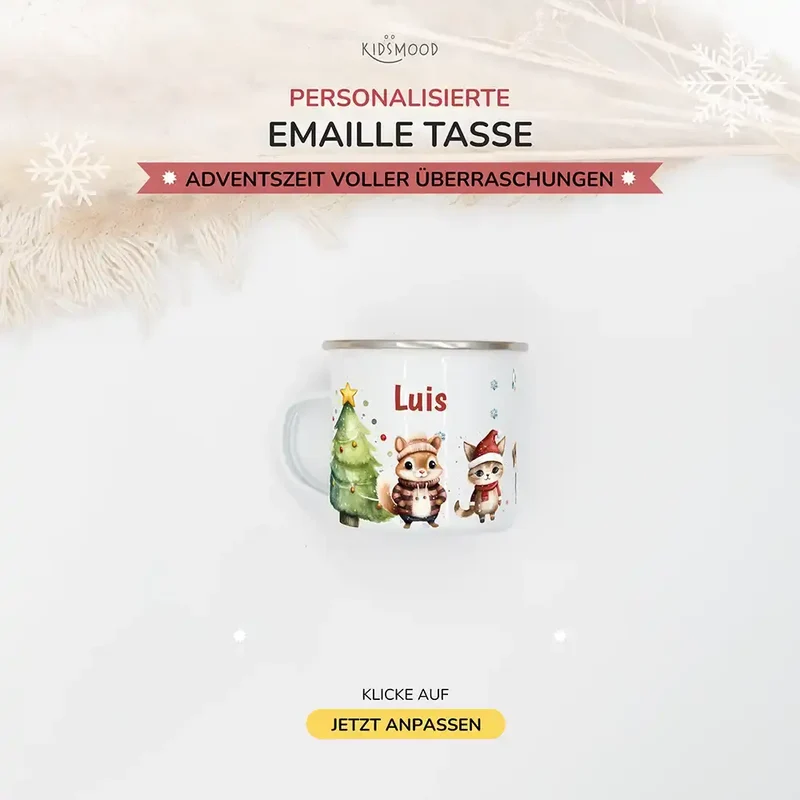 Emaille Tasse personalisiert Weihnachten - Süße Eichhörnchen