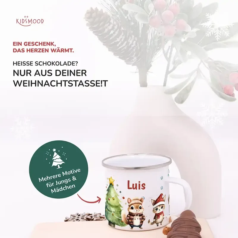 Emaille Tasse personalisiert Weihnachten - Süße Eichhörnchen