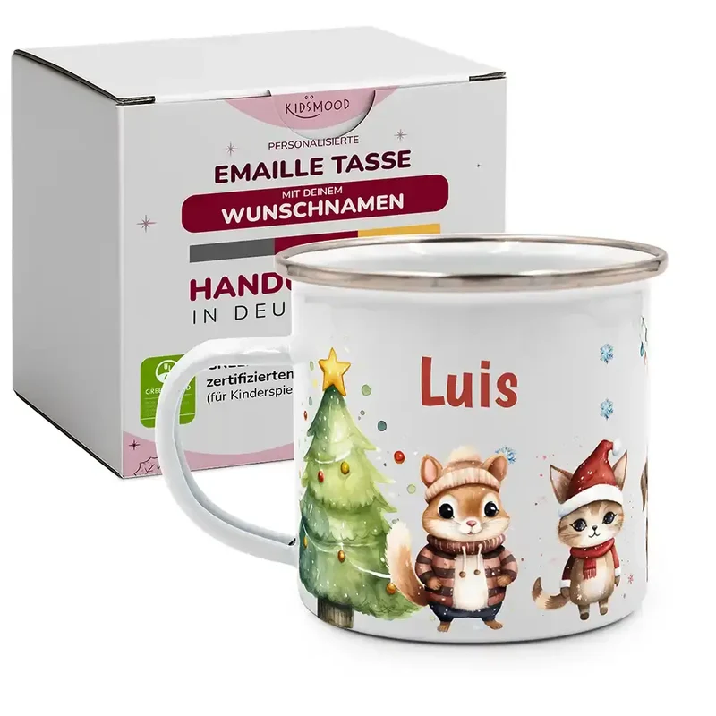 Emaille Tasse personalisiert Weihnachten - Süße Eichhörnchen