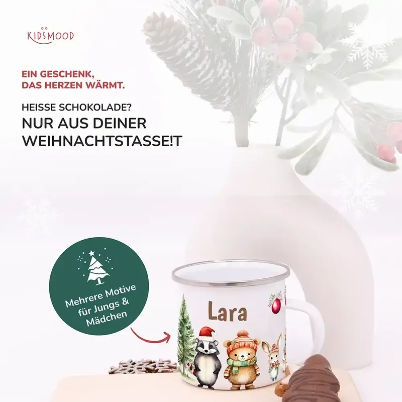 Emaille Tasse personalisiert Weihnachten - Süße Tiere