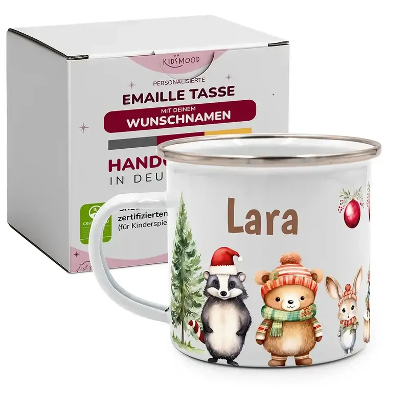 Emaille Tasse personalisiert Weihnachten - Süße Tiere