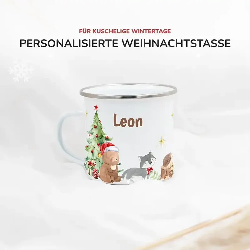 Emaille Tasse personalisiert Weihnachten - Bär und Waschbär
