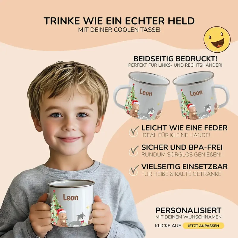 Emaille Tasse personalisiert Weihnachten - Bär und Waschbär