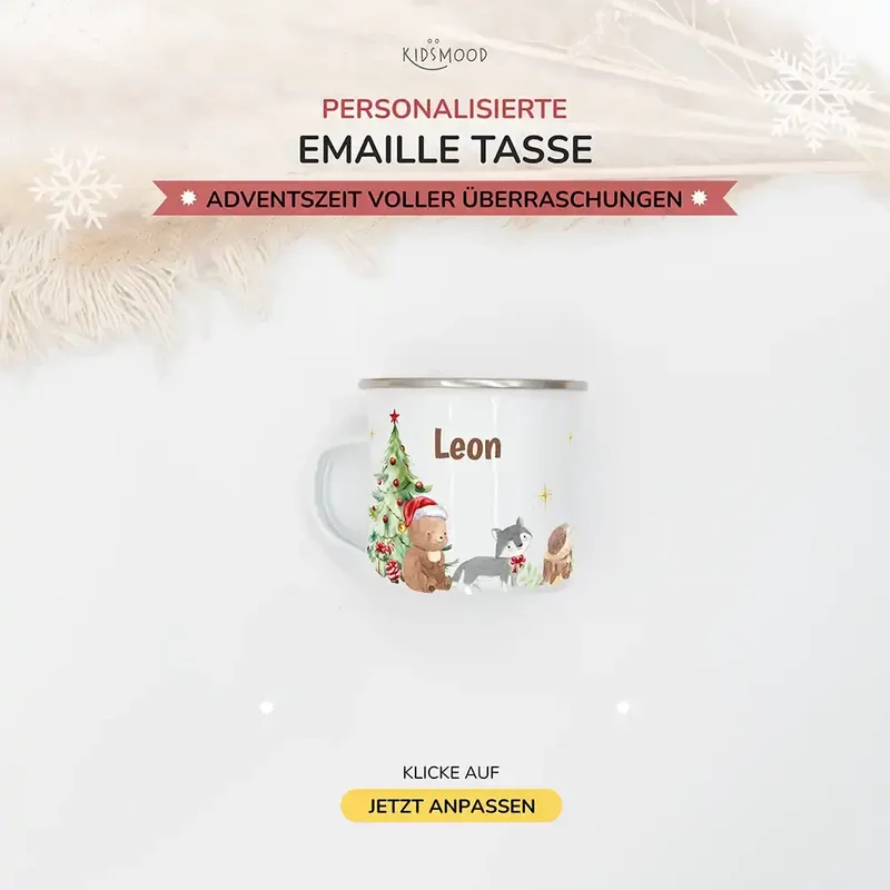 Emaille Tasse personalisiert Weihnachten - Bär und Waschbär