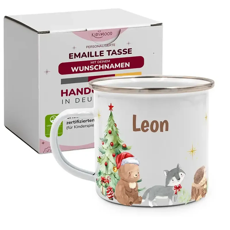Emaille Tasse personalisiert Weihnachten - Bär und Waschbär