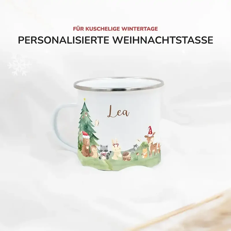Emaille Tasse personalisiert Weihnachten - Niedliche Waldtiere