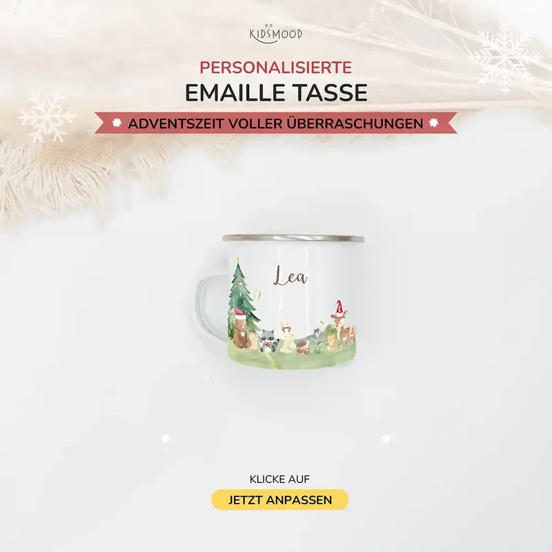 Emaille Tasse personalisiert Weihnachten - Niedliche Waldtiere