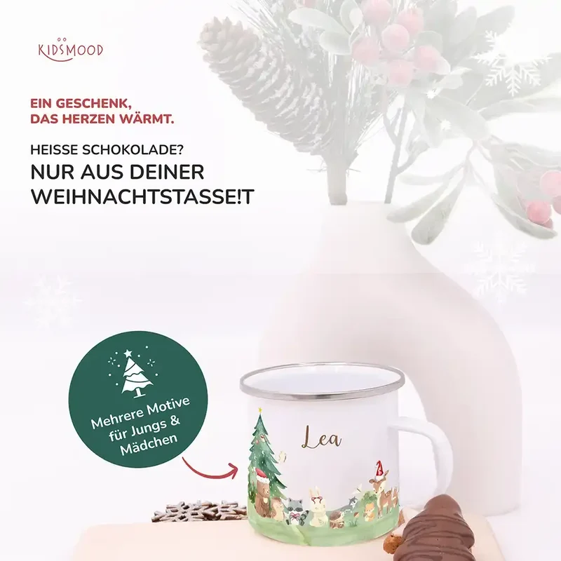 Emaille Tasse personalisiert Weihnachten - Niedliche Waldtiere