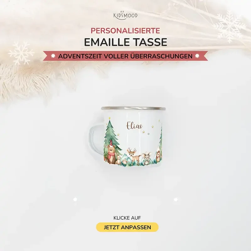 Emaille Tasse personalisiert Weihnachten - Frohe Waldtiere