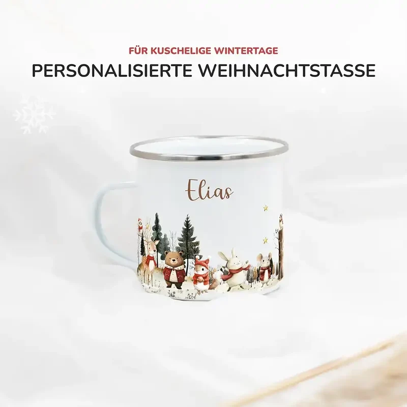 Emaille Tasse personalisiert Weihnachten - Winter Tiere