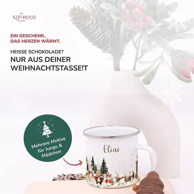 Emaille Tasse personalisiert Weihnachten - Winter Tiere
