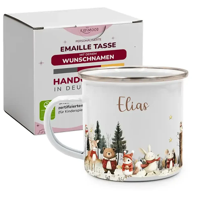 Emaille Tasse personalisiert Weihnachten - Winter Tiere