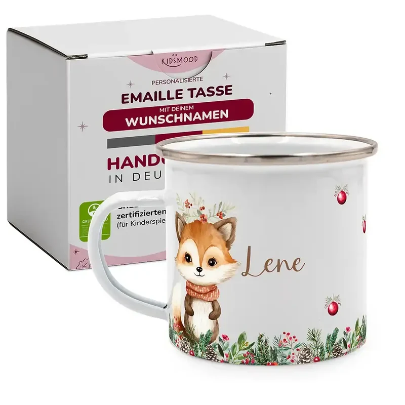 Emaille Tasse personalisiert Weihnachten - Fuchs