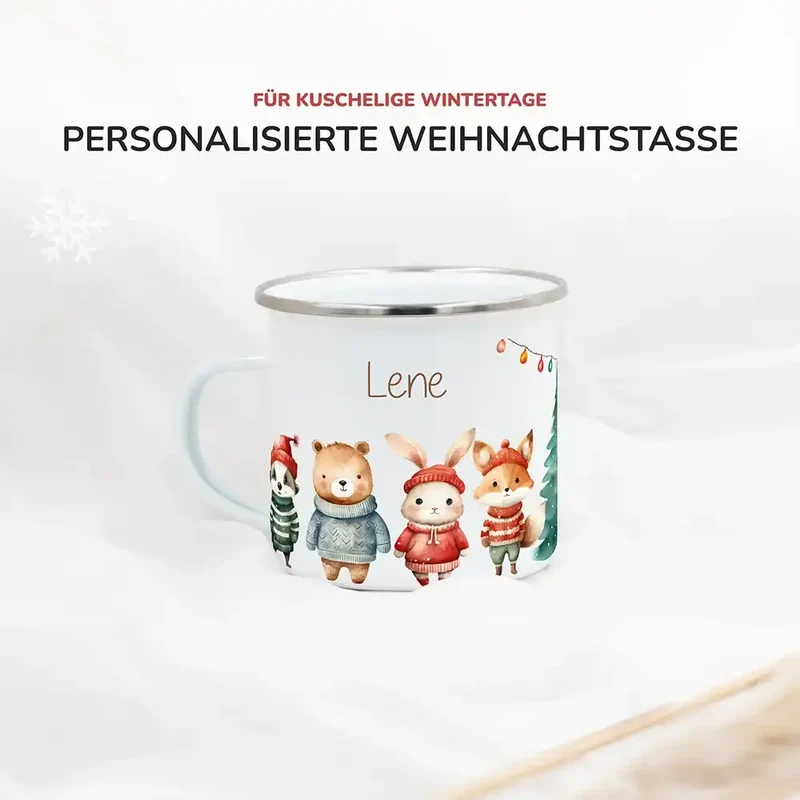 Emaille Tasse personalisiert Weihnachten - niedliche Tiere