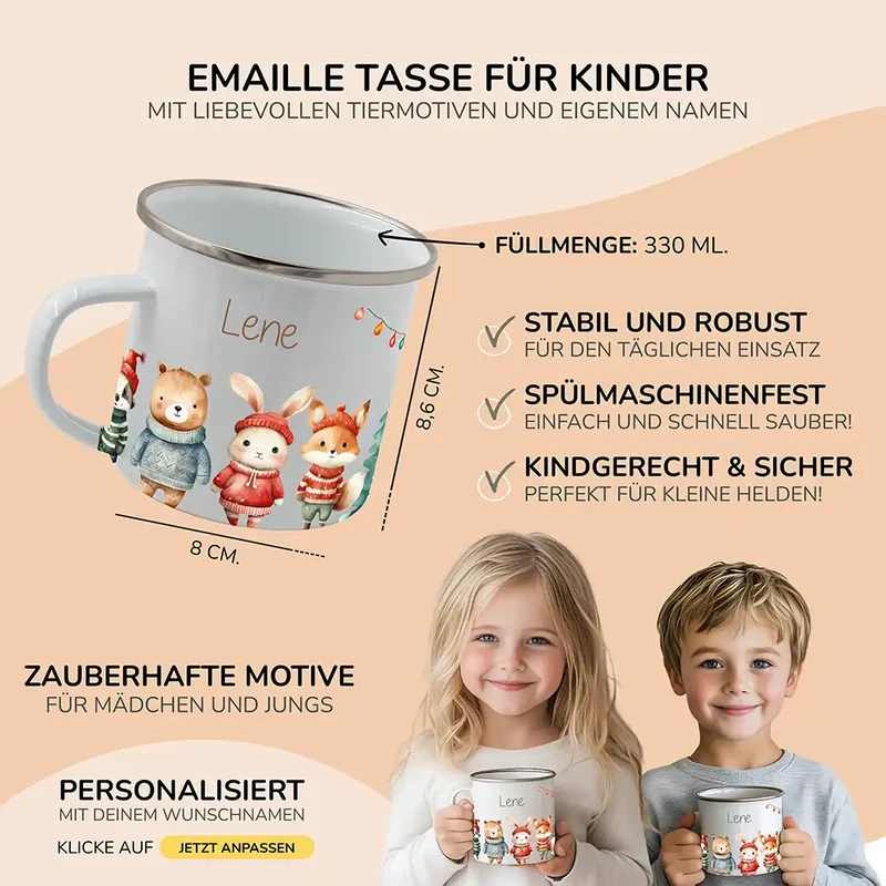 Emaille Tasse personalisiert Weihnachten - niedliche Tiere