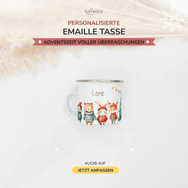 Emaille Tasse personalisiert Weihnachten - niedliche Tiere