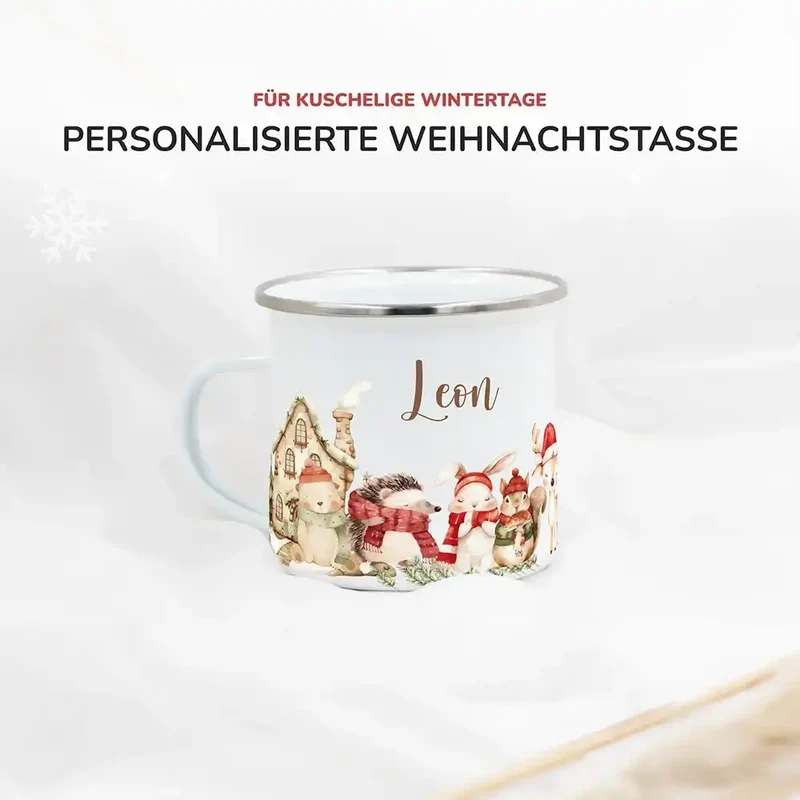 Emaille Tasse personalisiert Weihnachten - Tierfamilie Wald