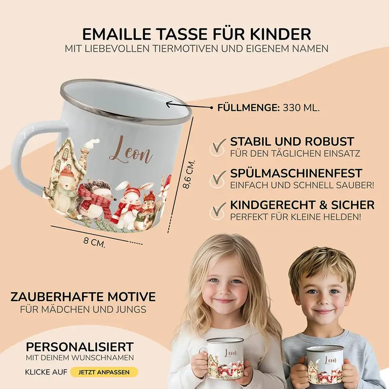 Emaille Tasse personalisiert Weihnachten - Tierfamilie Wald